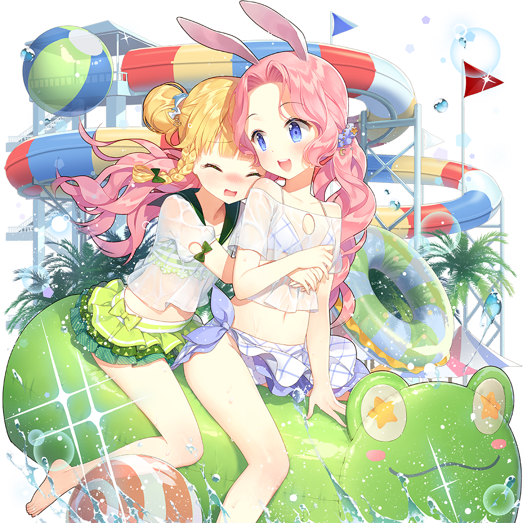2girls ball beachball blonde_hair blue_hair braid double_bun green_eyes hair_bun innertube kaguya_fullmoon long_hair multiple_girls pink_hair riding salt_(salty) sapphire_emerald swim_ring tree twin_braids twintails uchi_no_hime-sama_ga_ichiban_kawaii