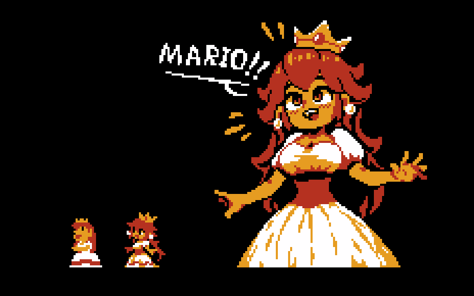 1girl 8-bit black_background breasts cleavage colored_skin comparison crown dress earrings english_text gold_crown jewelry mario_(series) meme mushroom_earrings neamosub nintendo official_alternate_color orange_skin pixel_art princess_peach princess_toadstool_redraw_(meme) puffy_short_sleeves puffy_sleeves reference_inset short_sleeves sphere_earrings sprite sprite_art super_mario_bros._1 white_dress