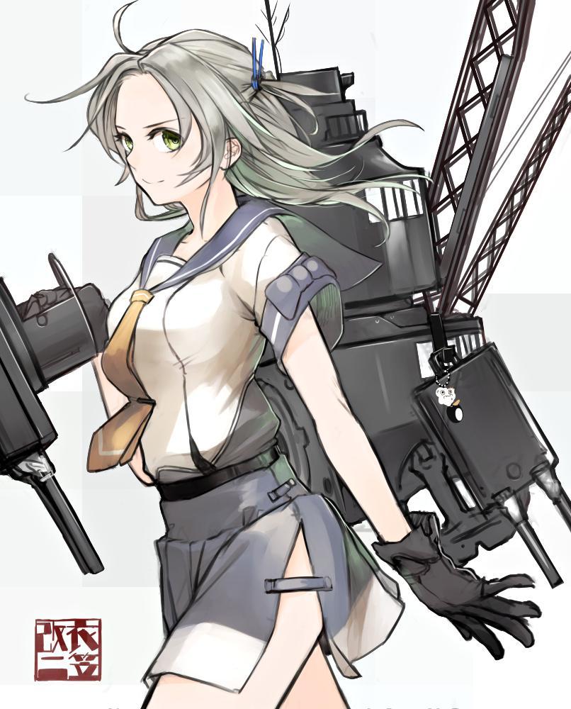1girl blue_sailor_collar blue_skirt breasts character_name charm_(object) closed_mouth commentary_request failure_penguin gloves green_eyes grey_hair hair_tie kantai_collection kinugasa_(kancolle) kinugasa_kai_ni_(kancolle) looking_at_viewer medium_breasts miss_cloud neckerchief rigging sailor_collar school_uniform serafuku short_sleeves side_slit simple_background skirt solo suzume_yuu yellow_neckerchief