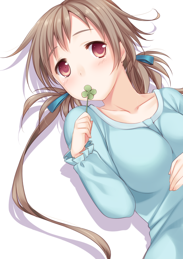 10s 1girl aomi_isara bad_id bad_nicoseiga_id blush brown_hair clover dress female_focus four-leaf_clover hair_ribbon itou_nanami koi_to_senkyo_to_chocolate long_hair lying red_eyes ribbon solo twintails