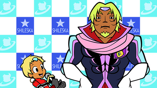 00s 1boy 1girl beard black_eyes blonde_hair chat_(tales) coat dark_skin earrings facial_hair fog_(tales) gloves jewelry open_mouth parody rhythm_tengoku scarf short_hair style_parody tales_of_(series) tales_of_eternia