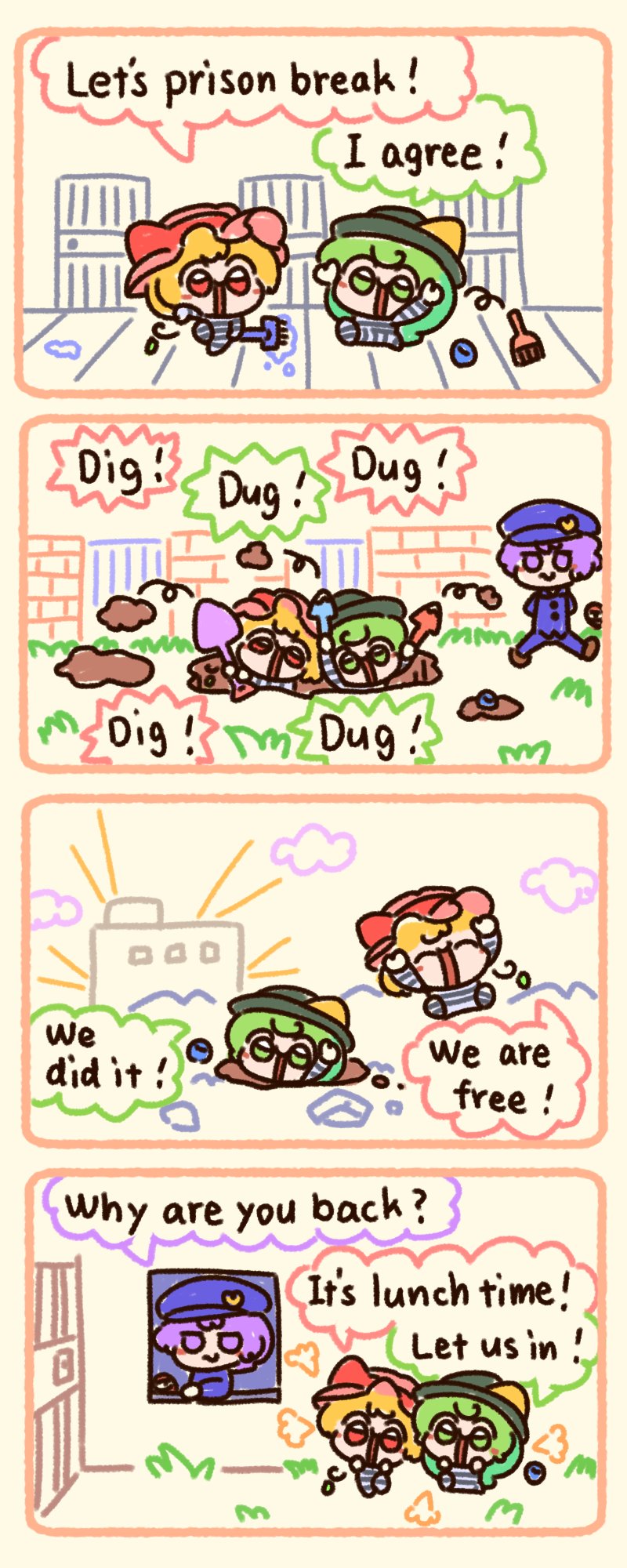 3girls 4koma :s black_headwear blonde_hair blue_headwear comic commentary english_commentary english_text flandre_scarlet green_eyes green_hair highres komeiji_koishi komeiji_satori multiple_girls numenoko pink_eyes pink_hair police police_uniform prison prison_clothes red_eyes speech_bubble striped_clothes tan_tan_pou touhou