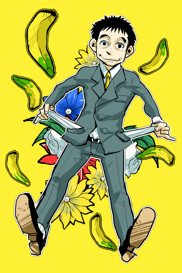 428_shibuya_scramble amud banana black_hair business_suit flower food formal_clothes fruit grey_suit necktie pockets_visible short_hair simple_background smile suit tanaka_mamoru yellow_background yellow_necktie