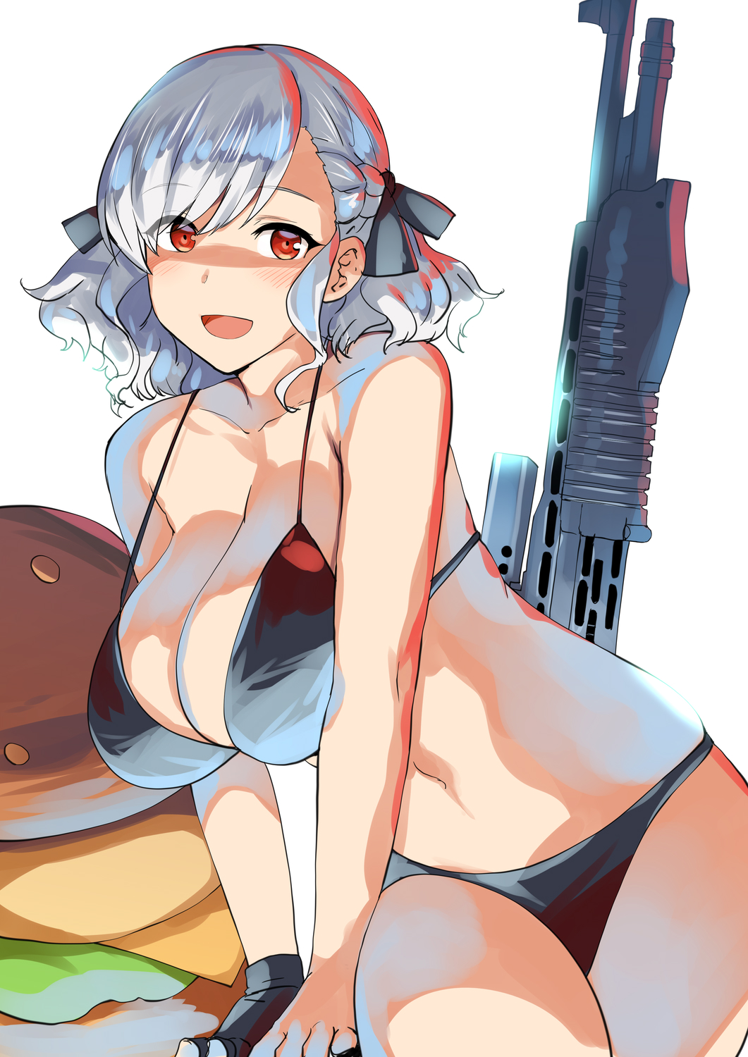 1girl asymmetrical_bangs belko bikini black_bikini black_ribbon blush breasts cleavage collarbone dual-mode_shotgun female_focus fingerless_gloves franchi girls&#039;_frontline gloves gun hair_ribbon highres large_breasts looking_at_viewer navel open_mouth pump-action_shotgun pump_action red_eyes ribbon semi-automatic_shotgun short_hair shotgun silver_hair simple_background single_glove smile solo spas-12 spas-12_(girls&#039;_frontline) swept_bangs swimsuit thighs weapon