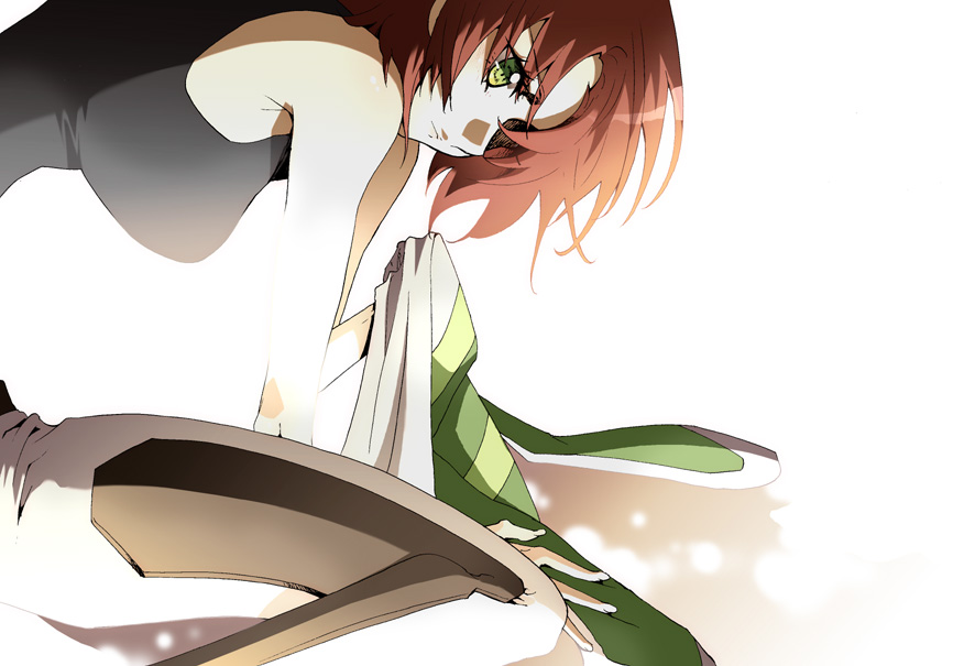 00s 1girl aneasha_ol_megarla bare_shoulders bent_over breasts brown_hair female_focus from_side futami_(futamito) green_eyes heroic_age shirt short_hair simple_background sleeveless sleeveless_shirt solo tank_top white_background
