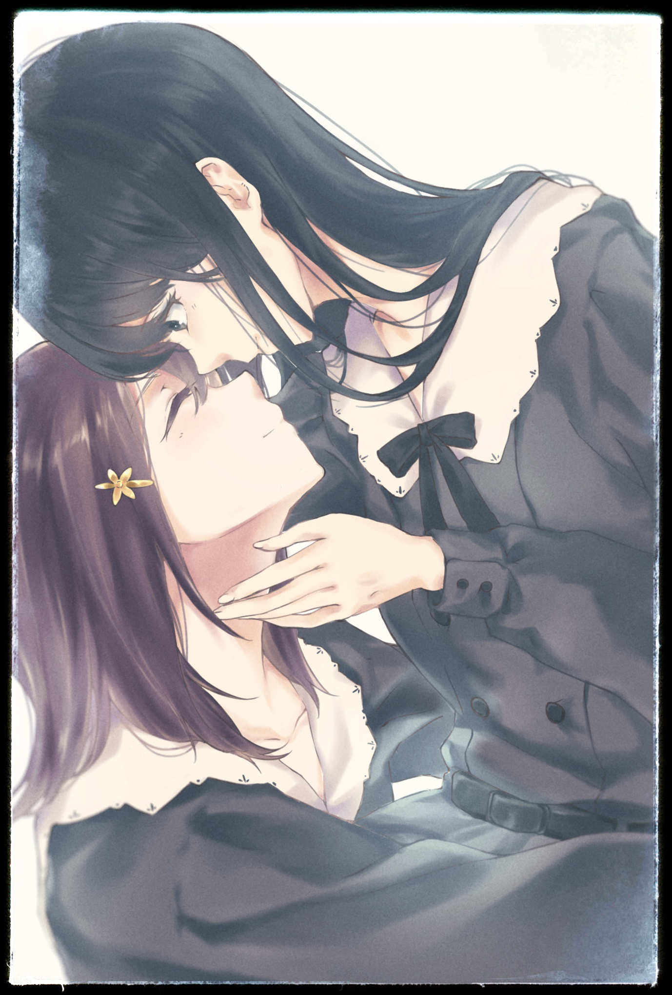 10kanaga 2girls black_dress dress flowers_(innocent_grey) highres kousaka_mayuri multiple_girls neck_ribbon ribbon shirahane_suou yuri