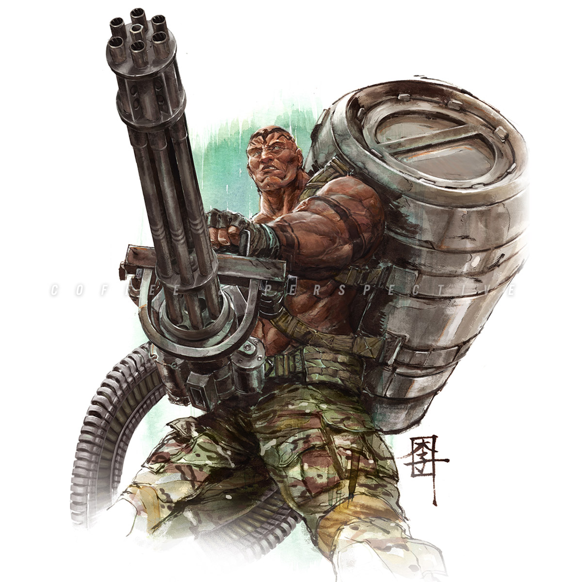 1boy ammunition_backpack ammunition_chute character_request commentary dark-skinned_male dark_skin fingerless_gloves gatling_gun gloves gun highres holding holding_gun holding_weapon konami looking_at_viewer male_focus mar-c! metal_gear_(series) metal_gear_solid military military_uniform minigun multiple-barrel_gun muscular muscular_male rifle simple_background solo teeth united_states_army vulcan_raven weapon