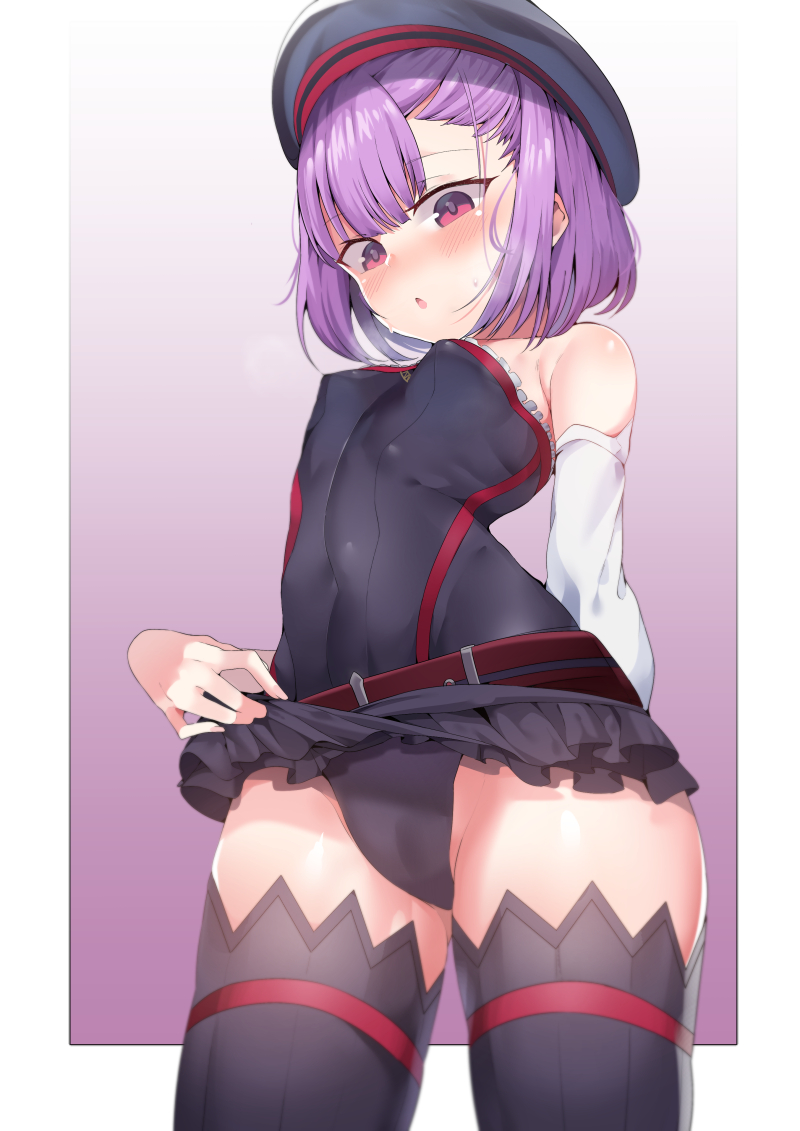1girl arched_back bare_shoulders belt black_hat blush breasts clothes_lift commentary commentary_request covered_erect_nipples covered_navel detached_collar detached_sleeves dress fate/grand_order fate_(series) frilled_skirt frills from_below gradient_background hat heavy_breathing helena_blavatsky_(fate) k_pring layered_skirt lifting_own_clothes light_purple_hair looking_at_viewer open_mouth outside_border panties purple_eyes purple_hair short_hair skindentation skirt skirt_lift small_breasts strapless strapless_dress sweatdrop symbol-only_commentary thighhighs thighs underwear