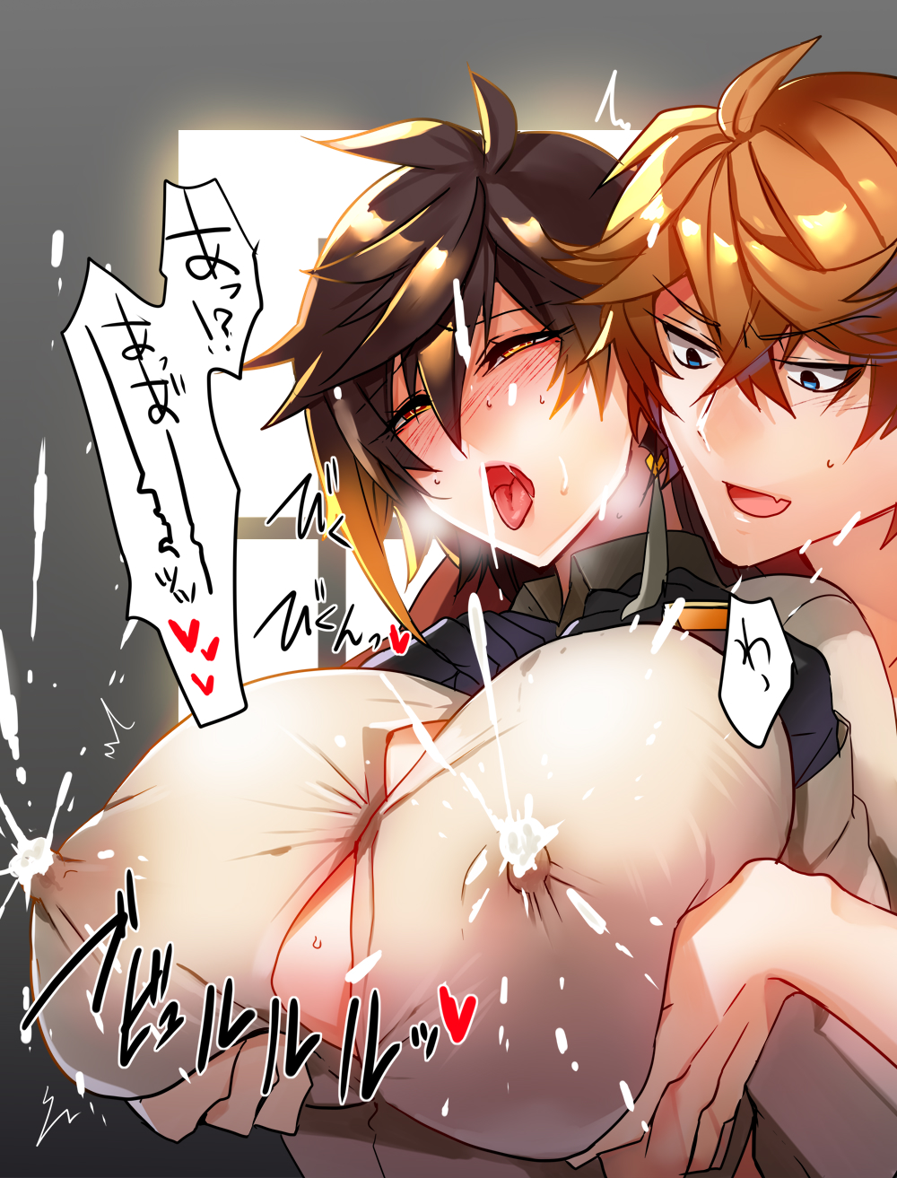 1boy 1girl black_gloves blue_eyes blush breasts breath brown_hair collared_shirt commentary_request covered_erect_nipples drooling earrings eyeliner eyeshadow genderswap genderswap_(mtf) genshin_impact gloves grabbing_another&#039;s_breast gradient_hair groping hair_between_eyes hetero highres jewelry kaneaki_mukku lactation large_breasts long_hair long_sleeves makeup multicolored_hair open_mouth orange_hair red_eyeshadow saliva shirt simple_background single_earring speech_bubble steam sweat tartaglia_(genshin_impact) tassel tassel_earrings tongue tongue_out translation_request yellow_eyes zhongli_(genshin_impact)