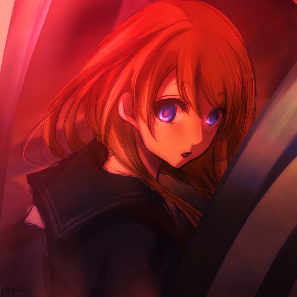 1girl black_serafuku blue_eyes brown_hair chi119 glowing glowing_eyes kaii_shoukougun kaii_shoukougun_3 kajiro_yuka long_hair looking_back official_art school_uniform serafuku solo