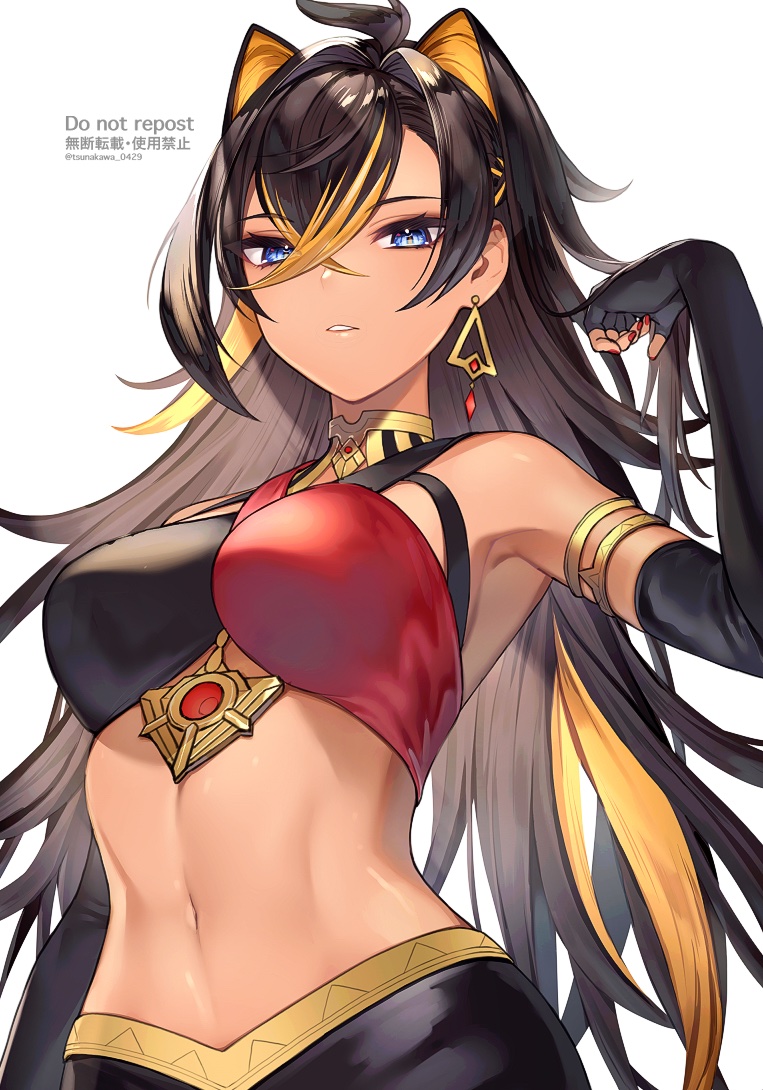 1girl ahoge armpits black_hair black_pants blonde_hair blue_eyes breasts criss-cross_halter crop_top crossed_bangs dark-skinned_female dark_skin dehya_(genshin_impact) earrings elbow_gloves fingerless_gloves genshin_impact gloves hair_intakes halterneck jewelry looking_at_viewer medium_breasts multicolored_hair nail_polish navel neck_ring pants parted_lips red_nails simple_background sleeveless solo stomach streaked_hair tsunakawa two-tone_hair white_background