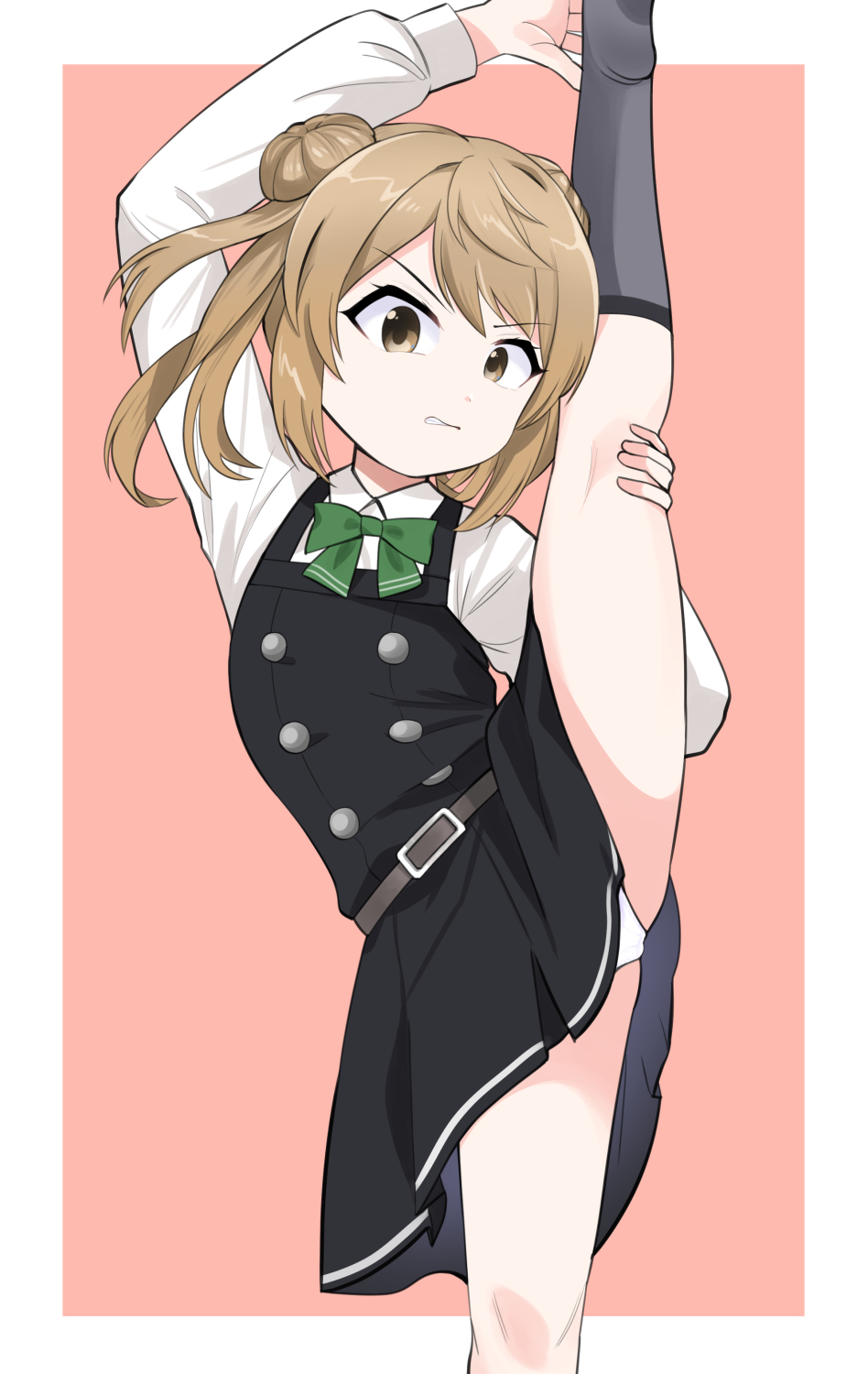 1girl blush bow bowtie brown_eyes brown_hair double_bun dress flexible green_bow green_bowtie hair_bun highres holding_own_leg kantai_collection leg_up long_sleeves michishio_(kancolle) michishio_kai_ni_(kancolle) noba_(ne83ko61) panties pinafore_dress school_uniform shirt short_hair short_twintails sleeveless sleeveless_dress split standing standing_on_one_leg standing_split twintails underwear white_background white_shirt