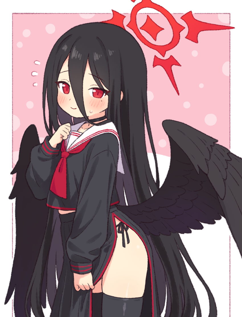 1girl aged_down black_choker black_hair black_panties black_wings blue_archive blush choker closed_mouth cowboy_shot feathered_wings flying_sweatdrops hair_between_eyes halo hasumi_(blue_archive) long_hair long_sleeves looking_at_viewer low_wings neckerchief onyhakase panties red_eyes red_neckerchief sailor_collar school_uniform side-tie_panties side_slit simple_background skirt smile solo standing sweatdrop thighhighs thighs underwear very_long_hair white_sailor_collar wings