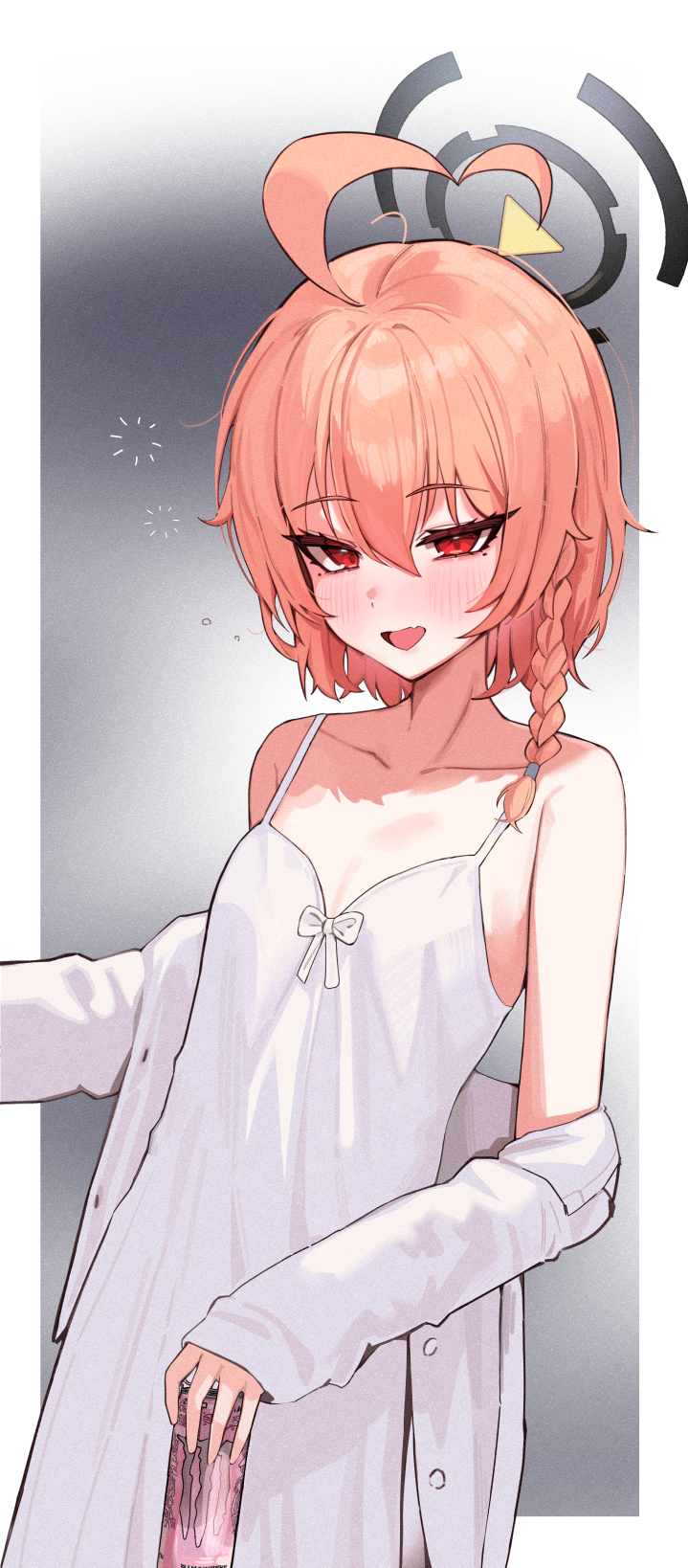1girl ahoge alternate_costume blue_archive blush border bow braid breasts can cardigan cardigan_partially_removed collarbone commentary dress dress_bow fang halo highres holding holding_can huge_ahoge mole mole_under_each_eye mole_under_eye monster_energy multiple_moles neru_(blue_archive) orange_hair outside_border red_eyes short_hair single_braid skin_fang sleepwear sleepy sleeveless sleeveless_dress small_breasts smile solo squeans white_border white_cardigan white_dress ximgyeon