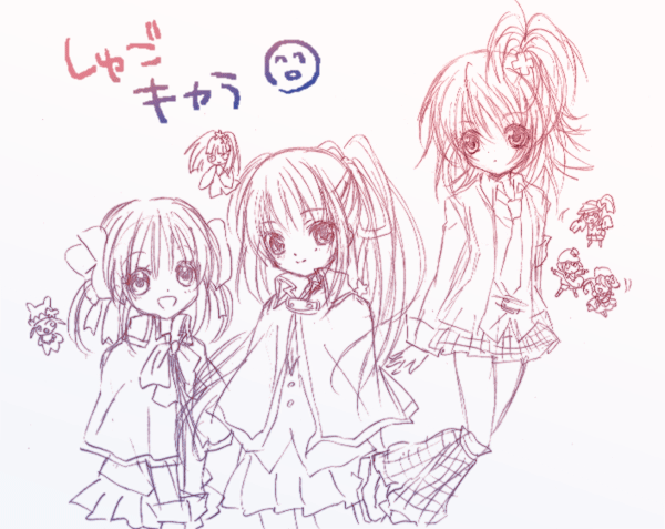 1boy 6+girls blazer cowboy_shot fujisaki_nadeshiko hair_ornament hairclip hinamori_amu jacket konaka layered_skirt long_hair long_sleeves looking_at_viewer miki_(shugo_chara!) monochrome multiple_girls pepe_(shugo_chara!) pleated_skirt ran_(shugo_chara!) red_theme school_uniform serafuku shugo_chara! simple_background sketch skirt standing suu_(shugo_chara!) temari_(shugo_chara!) trap white_background yuiki_yaya