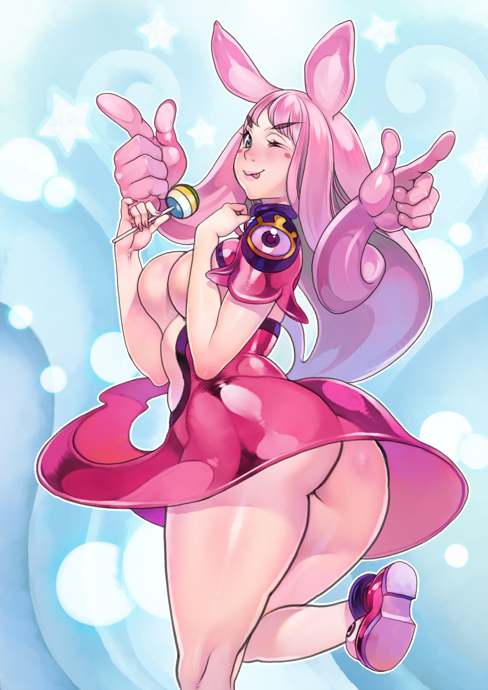1girl ;p animal_ears ass bad_id bad_pixiv_id blue_eyes blush blush_stickers breasts candy cleavage commentary_request f.s. female_focus food from_behind highres large_breasts lips lollipop looking_at_viewer looking_back melona_(queen&#039;s_blade) monster_girl one_eye_closed pink_hair prehensile_hair protean_assassin_melona queen&#039;s_blade rabbit_ears revealing_clothes see-through_clothes shiny_skin shoes slime_(substance) slime_girl solo thighs tongue tongue_out