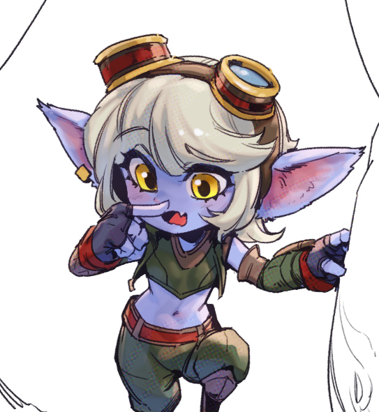 1girl belt black_gloves colored_skin crop_top fang finger_to_own_nose fingerless_gloves gloves goggles goggles_on_head green_pants grey_hair hand_up league_of_legends medium_hair midriff navel pants phantom_ix_row pointy_ears purple_skin red_belt solo stomach tristana_(league_of_legends) yellow_eyes yordle