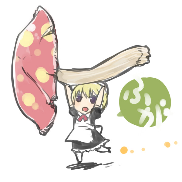 00s 1girl apron arms_up blonde_hair bow bowtie chibi female_focus flandre_(kaibutsu_oujo) full_body kaibutsu_oujo lowkick_love_association medori mini_person minigirl mushroom red_bow red_bowtie red_eyes running short_hair simple_background solo white_background