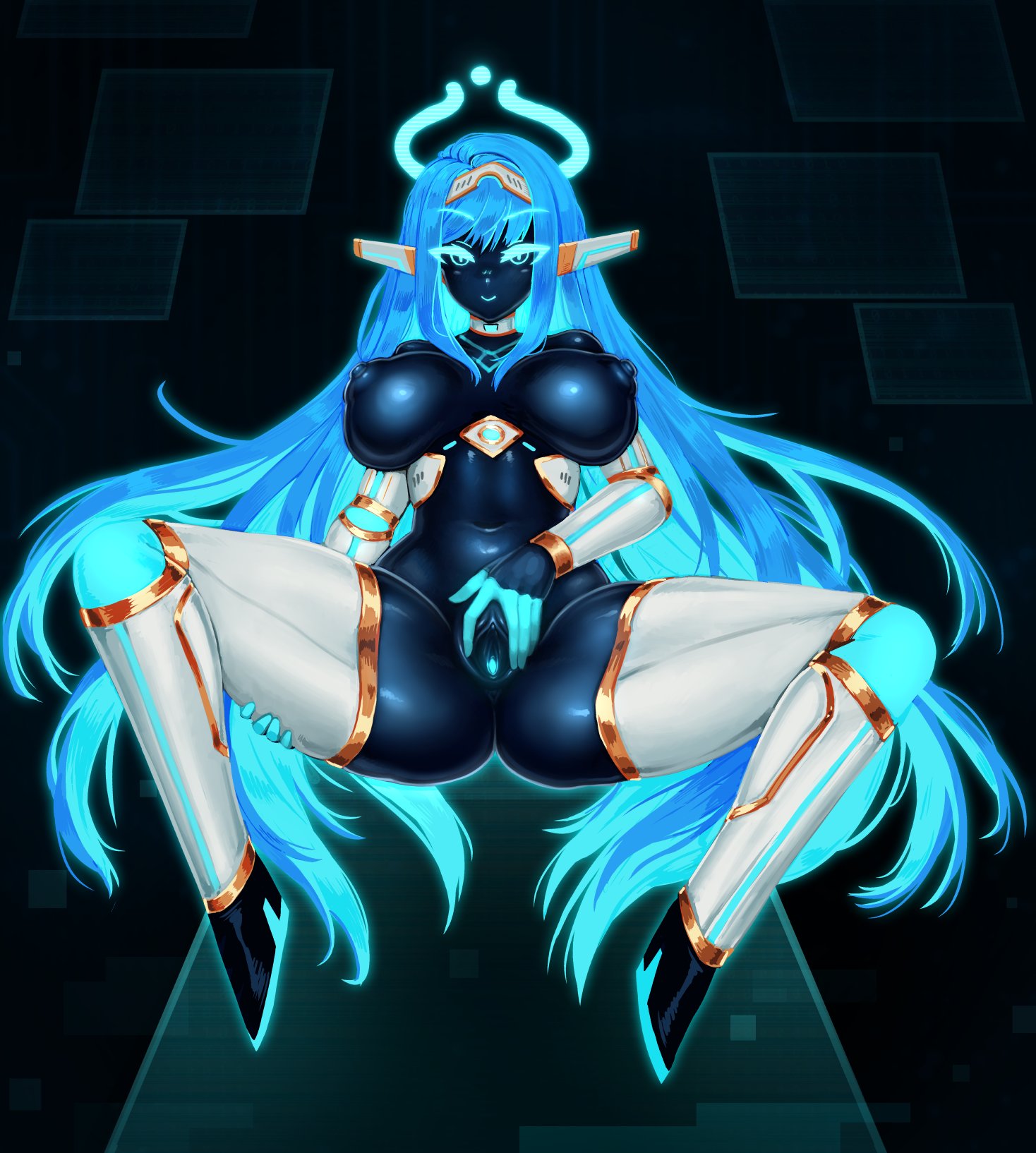 1girl aqua_hair barbariank black_skin blue_hair blue_halo blue_pussy breasts breasts_apart choker colored_inner_hair colored_pussy colored_skin commentary english_commentary halo highres large_breasts long_hair looking_at_viewer making-of_available multicolored_hair navel nipples original presenting_pussy robot_ears robot_girl smile solo spread_legs spread_pussy spreading_own_pussy tiara two-tone_hair uncensored very_long_hair white_choker