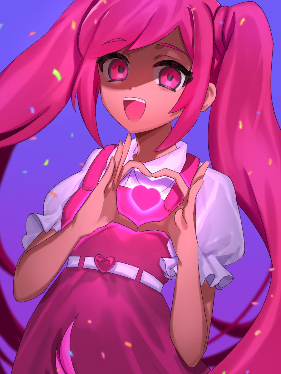 1girl :d belt collared_shirt commentary confetti dark-skinned_female dark_skin dress english_commentary frilled_sleeves frills glowing glowing_eye heart heart_belt heart_hands heart_in_heart_hands highres keiseki1 long_hair looking_at_viewer omori open_mouth partially_shaded_face perfectheart_(omori) pinafore_dress pink_dress pink_eyes pink_hair puffy_short_sleeves puffy_sleeves purple_background shirt short_sleeves simple_background sleeveless sleeveless_dress smile solo teeth tongue twintails upper_body upper_teeth_only very_long_hair white_belt white_shirt