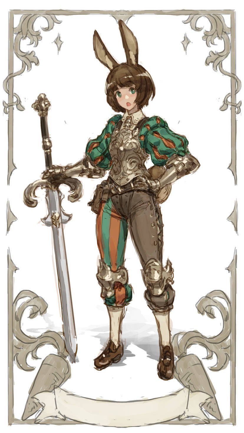 1girl :o animal_ear_fluff animal_ears armor banner blunt_bangs bob_cut border brown_hair brown_pants brown_shoes check_clothing clothing_request commentary english_commentary full_body gauntlets green_eyes green_pants green_sleeves hand_on_own_hip highres holding holding_sword holding_weapon knee_guards landsknecht looking_to_the_side mismatched_pants nrcgray open_mouth orange_pants orange_sleeves original pants planted planted_sword planted_weapon plate_armor puff_and_slash_sleeves puffy_short_sleeves puffy_sleeves rabbit_ears rabbit_girl rabbit_tail shoes short_hair short_sleeves simple_background sketch socks solo striped_clothes striped_pants sword tail three_quarter_view vertical-striped_clothes vertical-striped_pants weapon white_background white_socks zweihander
