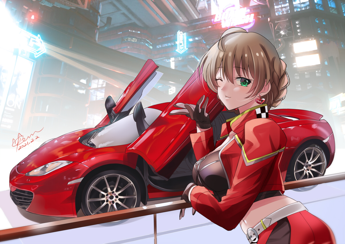 1girl 4_luxury_(idolmaster) belt black_gloves braid breasts brown_hair car dated earrings gloves green_eyes hair_between_eyes hand_up heart heart_earrings idolmaster idolmaster_million_live! idolmaster_million_live!_theater_days jewelry kevn large_breasts long_sleeves mclaren_mp4-12c midriff motor_vehicle navel one_eye_closed railing sakuramori_kaori short_hair solo vehicle_focus