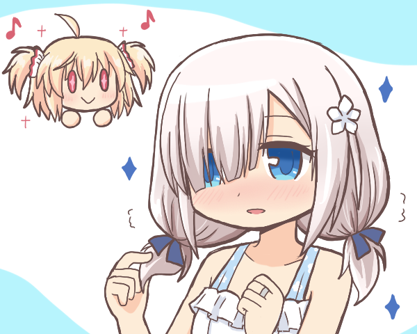 2girls :&gt; ayano_rika bad_id bad_pixiv_id bare_shoulders blonde_hair blue_eyes casual_one-piece_swimsuit commentary_request eyes_visible_through_hair flower frilled_one-piece_swimsuit frills grey_hair hair_flower hair_ornament hair_over_one_eye hands_up holding holding_own_hair isuzu_ren isuzu_ren_(swimsuit_costume) jewelry magia_record:_mahou_shoujo_madoka_magica_gaiden mahou_shoujo_madoka_magica multiple_girls musical_note one-piece_swimsuit open_mouth reverse_(bluefencer) ring short_hair smile solid_oval_eyes solo_focus swimsuit translation_request upper_body white_flower white_one-piece_swimsuit