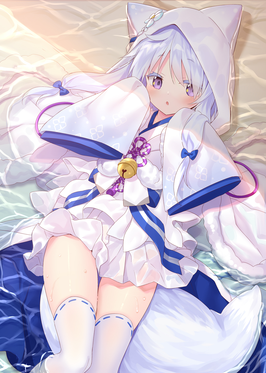 1girl animal_ears azur_lane bell blush fake_animal_ears female_focus flower hair_between_eyes hair_flower hair_ornament hair_ribbon highres hood japanese_clothes kimono lace lace-trimmed_legwear lace_trim long_hair long_sleeves looking_at_viewer lying on_back on_water open_mouth purple_eyes ribbon silver_hair smile solo thighhighs twintails uranami_(azur_lane) white_kimono white_thighhighs wide_sleeves yano_mitsuki_(nanairo)