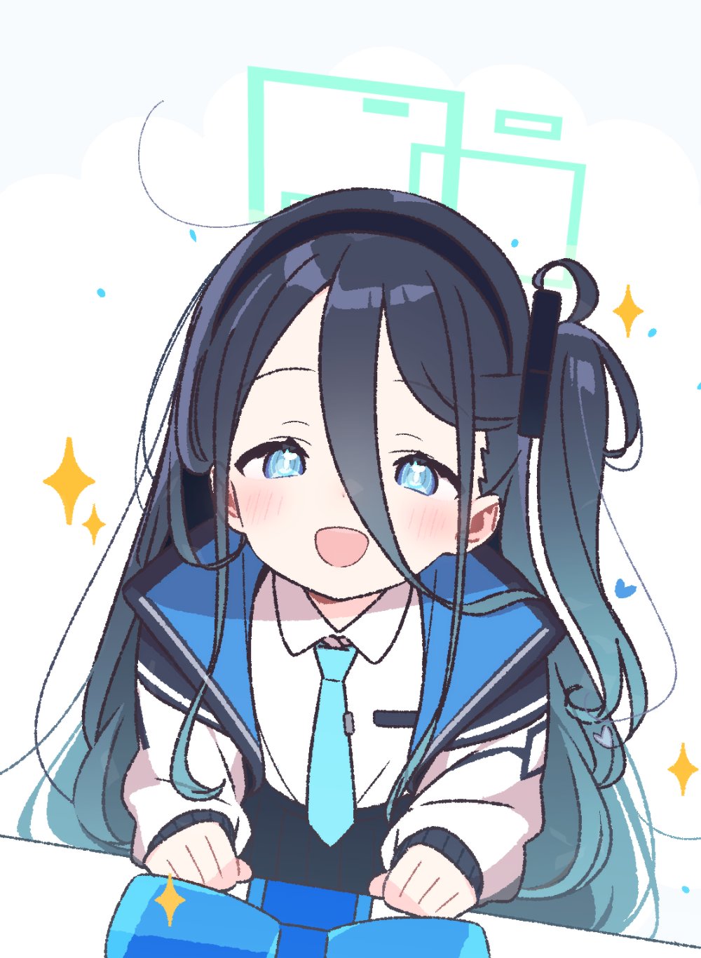 1girl aris_(blue_archive) blue_archive blue_eyes blue_hair commentary_request green_halo halo happy_birthday highres jacket looking_at_viewer necktie open_clothes open_jacket open_mouth side_ponytail simple_background solo sparkle white_background yoru_nai
