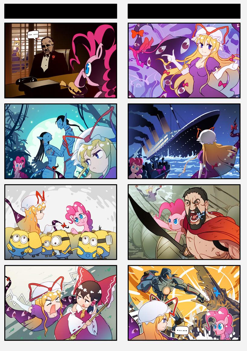 2boys 2girls 300_(movie) 4koma anger_vein avatar_(2009_movie) black_hair blue_eyes blue_skin boat bow breasts broom brown_hair cannon cape chest_cannon cleavage colored_skin comic crossover desk despicable_me detached_sleeves directed-energy_weapon energy_cannon energy_weapon floating from_behind gap_(touhou) gipsy_danger glowing hair_bow hair_tubes hakurei_reimu hat hat_ribbon jaeger_(pacific_rim) james_cameron&#039;s_avatar knifehead legendary_pictures leonidas long_hair medium_breasts minion_(despicable_me) monochrome multiple_4koma multiple_boys multiple_girls my_little_pony my_little_pony:_friendship_is_magic nuclear_vortex_turbine open_mouth pacific_rim pan_pacific_defense_corps phone photobomb pinkie_pie polearm punching purple_eyes red_eyes ribbon shield sitting spear sword the_godfather titanic_(movie) touhou vito_corleone water watercraft weapon xin_yu_hua_yin yakumo_yukari zxyon2008
