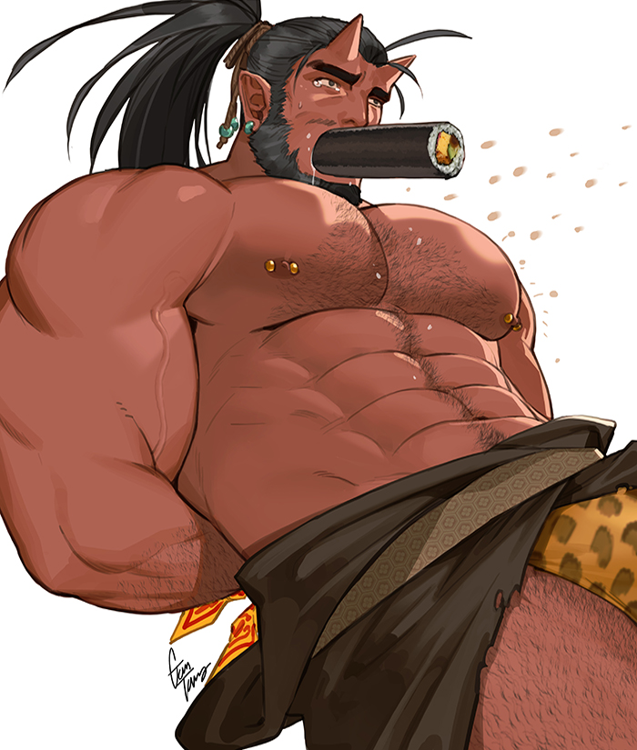 1boy abs animal_print arm_behind_back artist_name bara beard biceps black_hair drooling earrings facial_hair food full_mouth gomtang hairy horns jewelry large_pectorals loincloth long_hair looking_to_the_side male_focus manly mature_male mouth_drool muscular muscular_arms muscular_male nipple_piercing nipples oni oni_horns original pectorals piercing ponytail signature skirt solo sushi talisman tears thick_eyebrows veins veiny_arms
