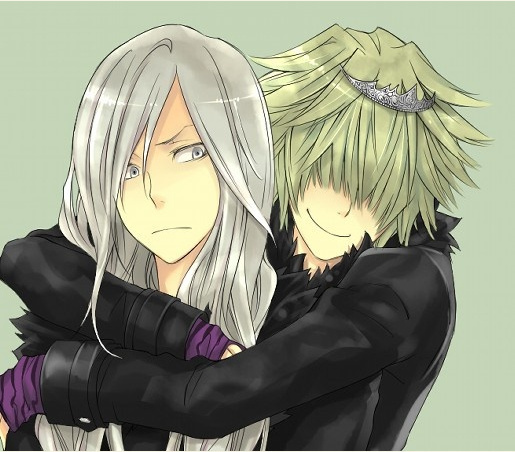 artist_request belphegor_(reborn) bishounen blonde_hair eyebrows_hidden_by_hair frown green_background hair_over_eyes katekyo_hitman_reborn! long_bangs long_hair male_focus medium_hair multiple_boys silver_hair simple_background smile source_request spiked_hair striped superbi_squalo third-party_source tiara