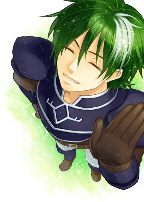 1boy armor closed_eyes fire_emblem fire_emblem:_the_blazing_blade gloves green_hair heath_(fire_emblem) kiyuu male_focus multicolored_hair nintendo teeth two-tone_hair upper_body white_hair