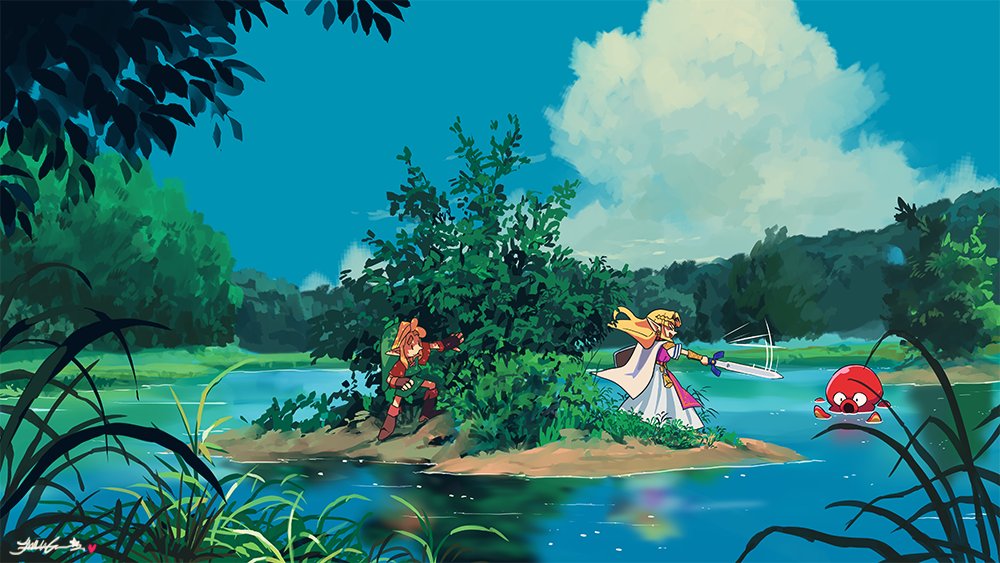 1boy 1girl blonde_hair blue_sky bracer brown_hair fingerless_gloves gloves grass green_headwear lake link master_sword matt_cummings nintendo octorok partially_submerged pointy_ears princess_zelda scenery shield sky sword the_legend_of_zelda the_legend_of_zelda:_a_link_to_the_past tree water weapon