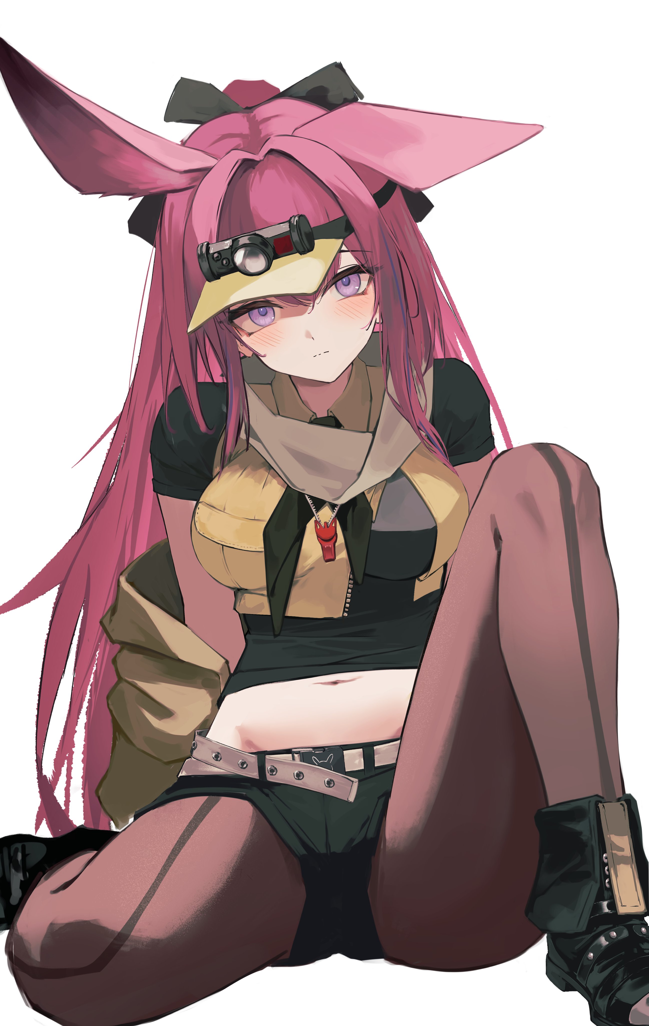 1girl absurdres animal_ears ankle_boots arknights black_boots black_shirt black_shorts blush boots breasts brown_pantyhose closed_mouth commentary front-seamed_legwear groin hair_between_eyes hair_intakes highres knee_up large_breasts long_hair looking_at_viewer micro_shorts midriff multicolored_hair navel nekomatamago pantyhose pink_hair purple_eyes purple_hair ray_(arknights) seamed_legwear shirt short_sleeves shorts simple_background single_ear_down sitting solo streaked_hair visor_cap whistle whistle_around_neck white_background
