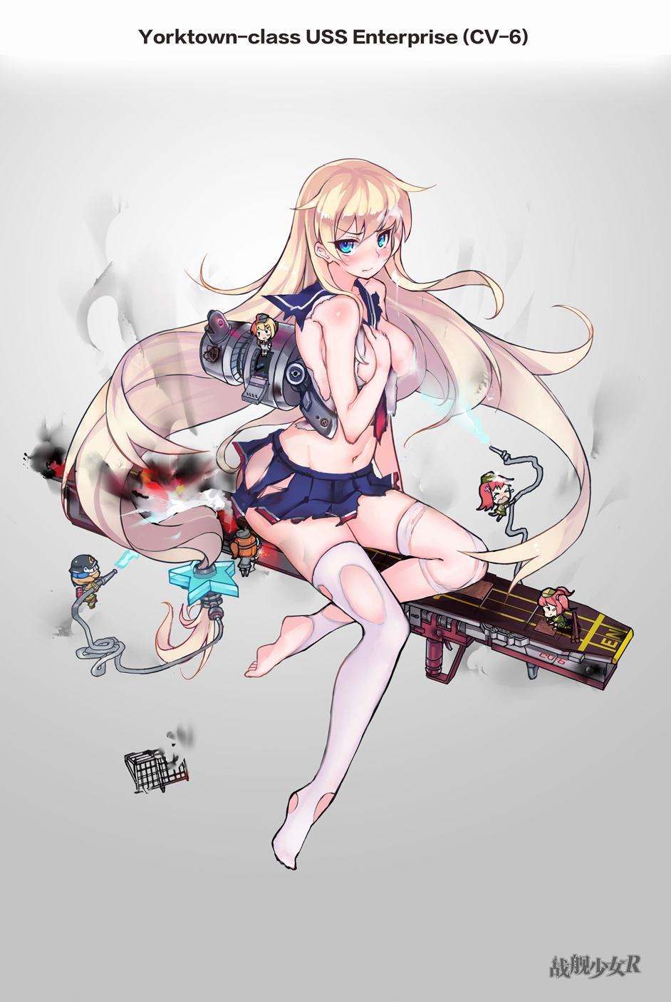 6+girls blonde_hair blue_eyes breasts burning character_name copyright_name damaged enterprise_(warship_girls_r) fairy_(warship_girls_r) firefighter flight_deck full_body g.h_(gogetsu) grey_background highres hose large_breasts long_hair looking_at_viewer low-tied_long_hair mecha_musume mini_person minigirl miniskirt multiple_girls navel official_art skirt smoke text_focus thighhighs torn_clothes torn_legwear torn_skirt uss_enterprise_(cv-6) very_long_hair warship_girls_r white_legwear