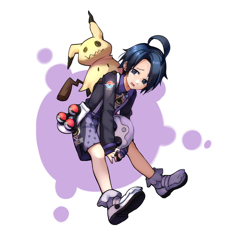 1boy ahoge allister_(pokemon) black_hair chen_(1717) commentary_request full_body game_freak gen_7_pokemon gloves gym_leader long_sleeves looking_at_viewer male_focus mask mimikyu nintendo poke_ball poke_ball_(basic) pokemon pokemon_(creature) pokemon_swsh purple_eyes short_hair shorts simple_background single_glove suspender_shorts suspenders unworn_mask white_background