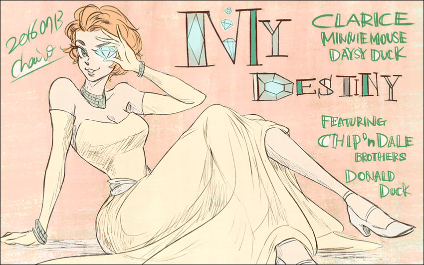 1girl animification blue_eyes chai_5 clarice_(disney) diamond_(gemstone) dress english_text eyelashes full_body gloves humanization looking_at_viewer mickey_mouse_&amp;_friends open_mouth personification short_hair smile solo