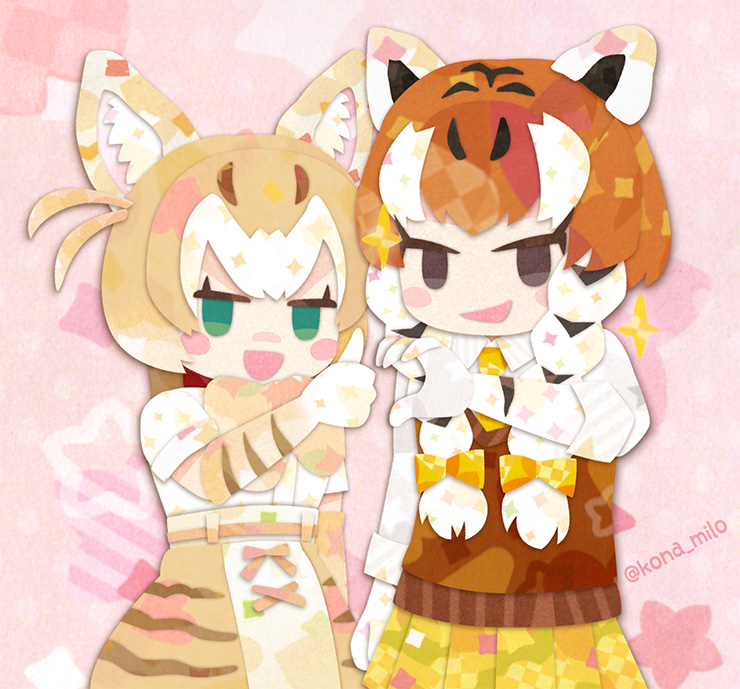 2girls animal_ears belt black_eyes blonde_hair bow bowtie brown_hair cardigan cat_(kemono_friends) cat_ears cat_girl earrings elbow_gloves extra_ears gloves green_eyes jewelry kemono_friends kikuchi_milo long_hair looking_at_viewer multiple_girls necktie pink_background shirt short_hair siberian_tiger_(kemono_friends) simple_background skirt tiger_ears tiger_girl