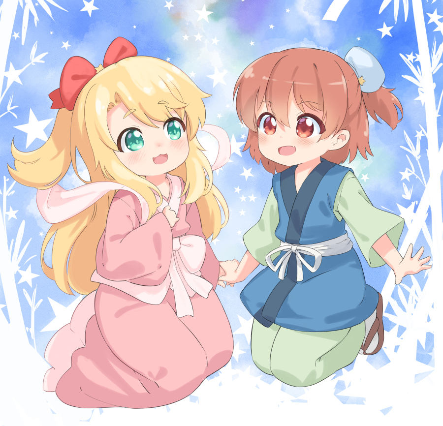 2girls :3 :d alternate_costume blonde_hair blue_kimono blush bow brown_hair commentary cosplay eye_contact fang garun_wattanawessako green_eyes hagoromo hair_between_eyes hair_bow hand_up happy hikoboshi hikoboshi_(cosplay) himesaka_noa holding_hands hoshino_hinata japanese_clothes kimono kneeling long_hair long_sleeves looking_at_another medium_hair multiple_girls obi open_mouth orihime_(cosplay) orihime_(tanabata) pink_bow pink_kimono ponytail red_bow red_eyes ribbon sandals sash shawl short_ponytail skin_fang smile star_(symbol) tabi tanabata tanzaku thick_eyebrows watashi_ni_tenshi_ga_maiorita! white_legwear white_ribbon white_sash wide_sleeves yuri zouri