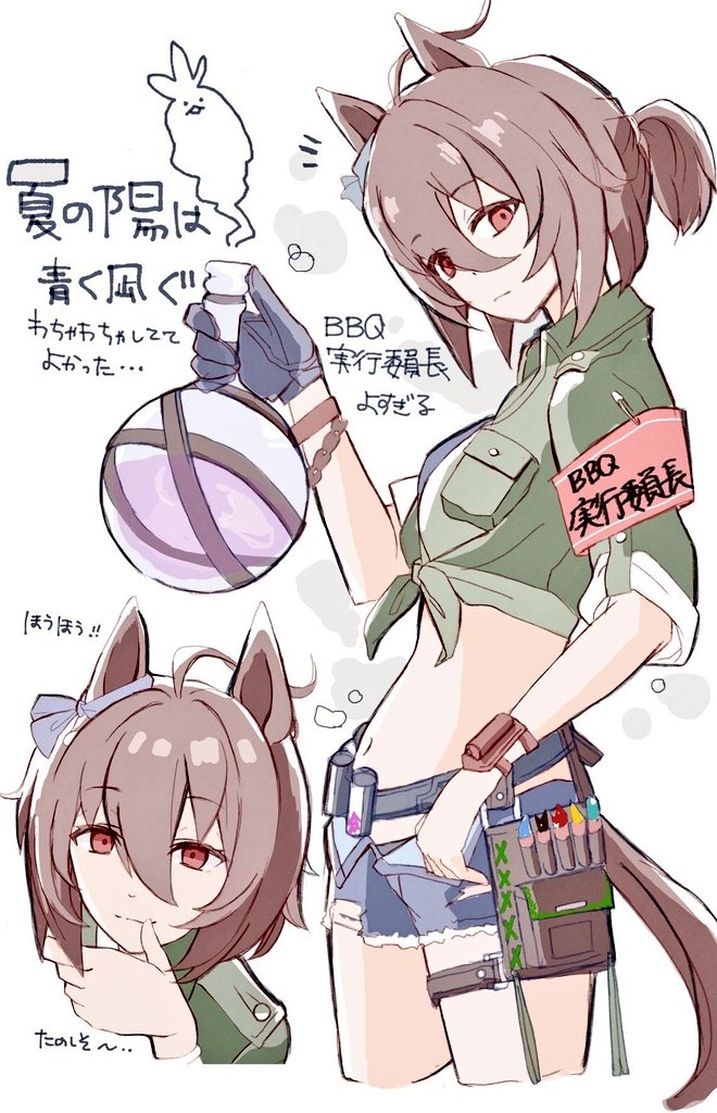 1girl agnes_tachyon_(lunatic_lab)_(umamusume) agnes_tachyon_(umamusume) ahoge alternate_gloves alternate_hairstyle animal_ears belt belt_pouch bikini black_bikini black_gloves blue_shorts breast_pocket brown_hair canister commentary_request cowboy_shot diamond_mouth ear_ornament flask gloves green_jacket hair_between_eyes holding holding_flask horse_ears horse_girl horse_tail jacket kii-kun_(agnes_tachyon)_(umamusume) leather_strap looking_at_viewer looking_to_the_side maitake_umai messy_hair micro_shorts midriff multiple_views navel notice_lines official_alternate_costume pocket ponytail pouch red_eyes round-bottom_flask short_hair short_ponytail shorts sideways_glance simple_background single_glove swimsuit tail thigh_belt thigh_strap thumb_to_mouth tied_jacket torn_clothes torn_shorts translation_request umamusume wrist_straps