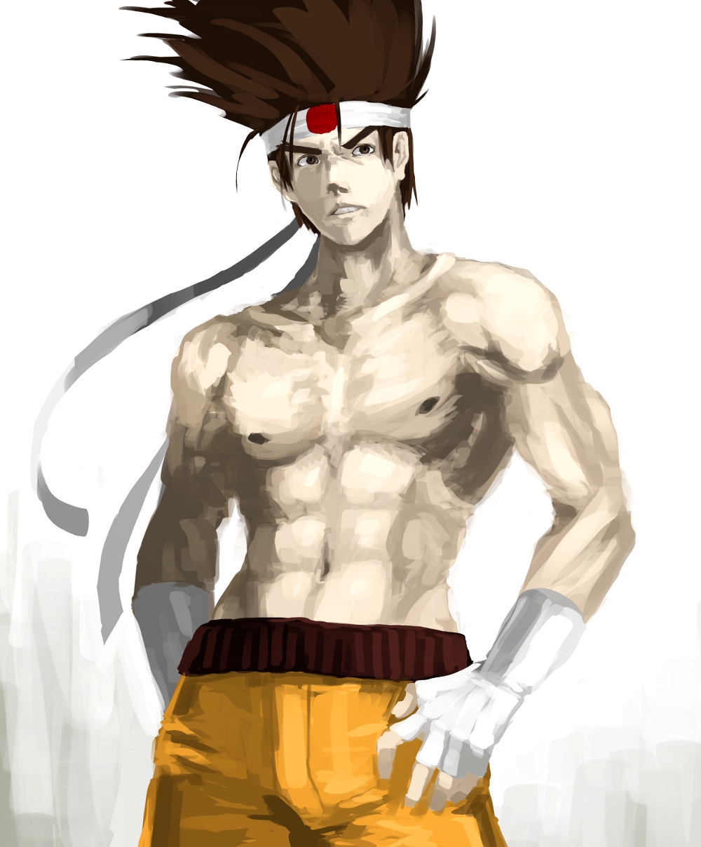 1boy big_hair brown_hair fatal_fury fingerless_gloves food_fighter_441 gloves hands_on_own_hips headband highres japanese_flag joe_higashi male_focus muscular pectorals ryuuko_no_ken topless_male shorts solo spiked_hair the_king_of_fighters