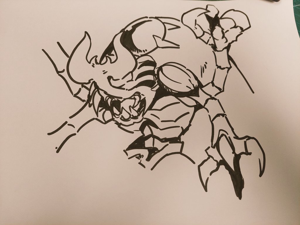 1other atlurkabuterimon atlurkabuterimon_(blue) atlurkabuterimon_(red) bug digimon digimon_(creature) exoskeleton horns other_focus rhinoceros_beetle sharp_teeth solo teeth