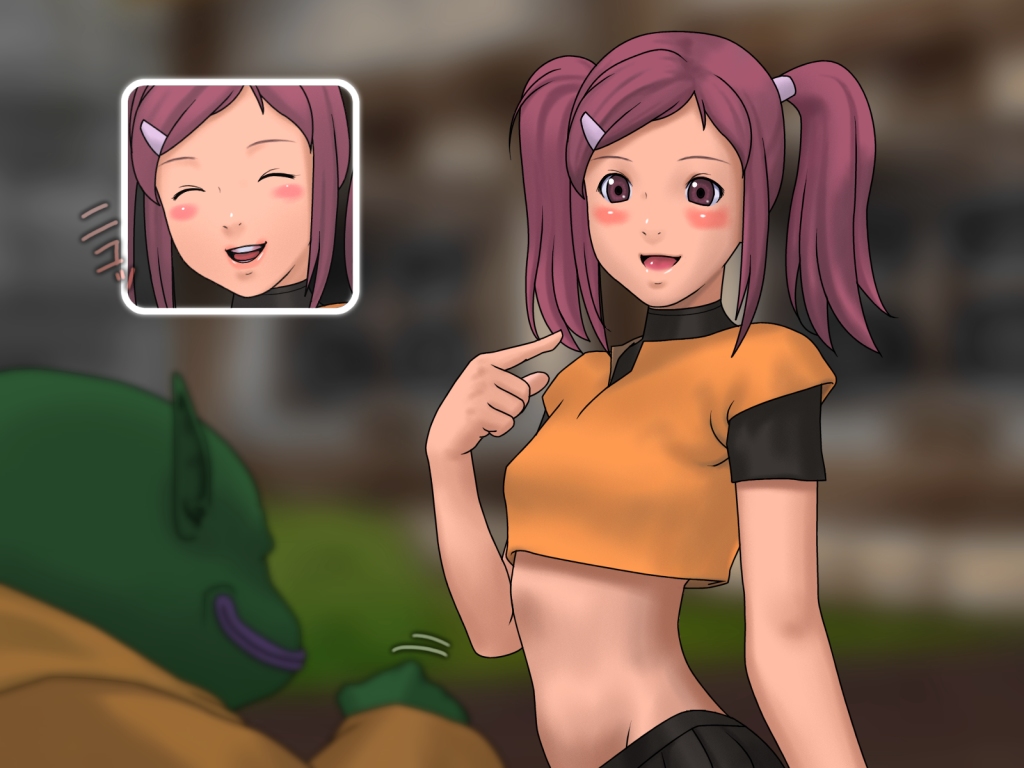 1boy 1girl breasts character_request colored_skin dragon_quest dragon_quest_viii closed_eyes flat_chest green_skin interspecies jukan_a_no_6 king_trode midriff monster open_mouth pointy_ears purple_eyes purple_hair small_breasts square_enix trode twintails yoshino_momiji