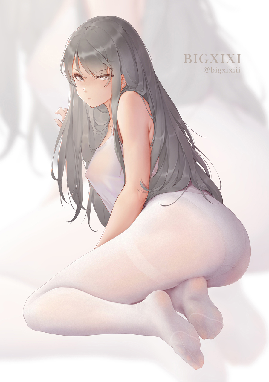 1girl bare_arms bare_shoulders bigxixi feet grey_eyes grey_hair highres long_hair looking_at_viewer nipples no_bra original panties panties_under_pantyhose pantyhose see-through_clothes see-through_shirt shirt soles underwear white_panties white_pantyhose white_shirt
