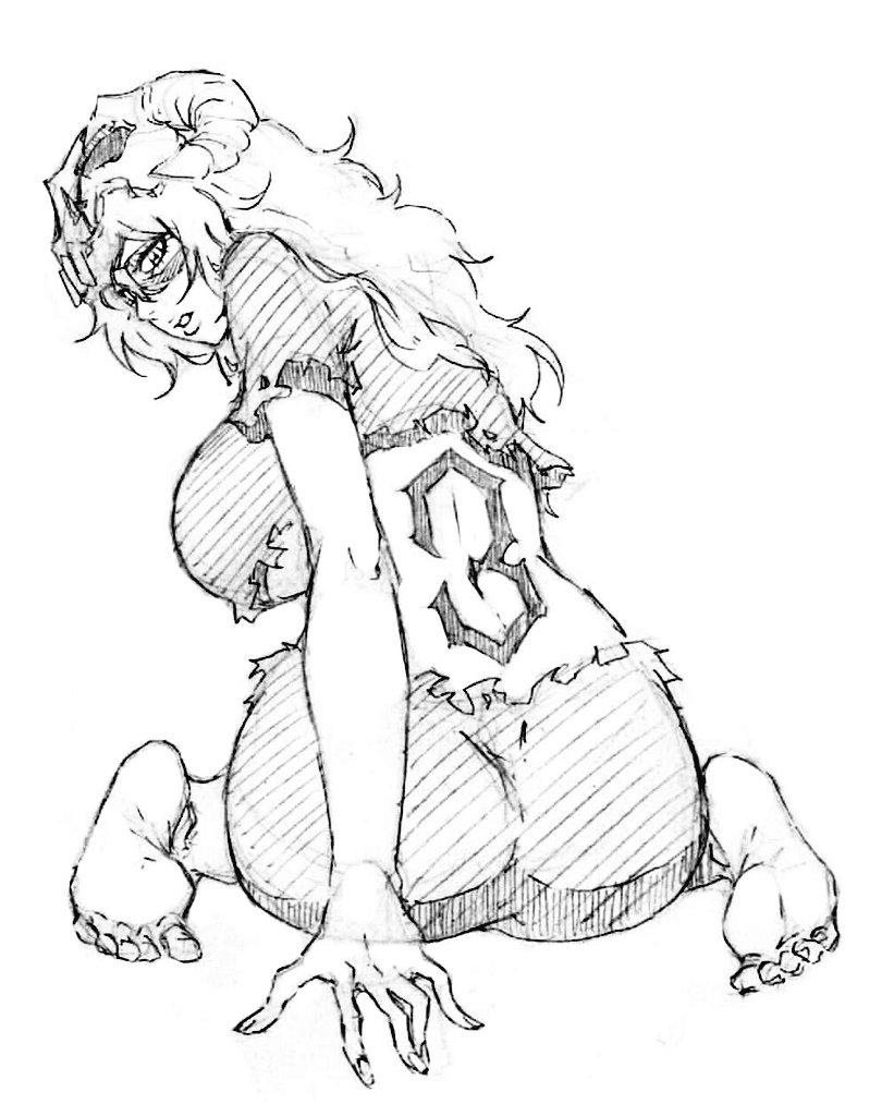 1girl arrancar ass backboob bleach breasts kubo_tite_(style) large_breasts long_hair midriff nelliel_tu_odelschwanck number_tattoo rakusakugk sitting solo tattoo torn_clothes underboob