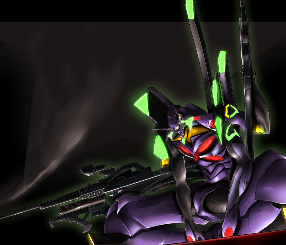 10s dual_wielding eva_13 evangelion:_3.0_you_can_(not)_redo extra_arms gomi_kushige gun holding neon_genesis_evangelion no_humans rebuild_of_evangelion squatting weapon