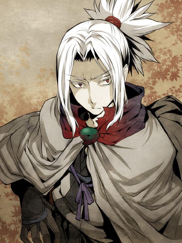 1boy cloak frown gloves japanese_clothes kajiri_kamui_kagura kyougetsu_keishirou male_focus red_eyes shinza_bansho_series solo tenkuu_sphere white_hair
