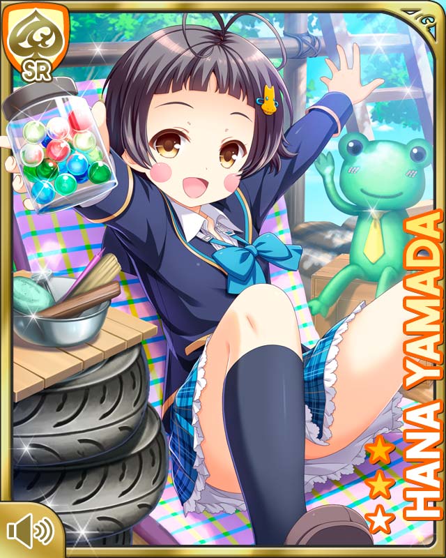 1girl black_hair blue_bow blue_jacket blue_skirt blush_stickers bow bowtie brown_eyes card_(medium) chair character_name day doodle female_focus frog girlfriend_(kari) hair_ornament hairclip hat jacket jar marble official_art one_eye_closed open_mouth outdoors plaid_clothes plaid_skirt qp:flapper quiz school_uniform shirt short_hair sitting skirt smile solo stuffed_toy tagme treehouse unused_tire white_shirt yamada_hana_(gf_kari)