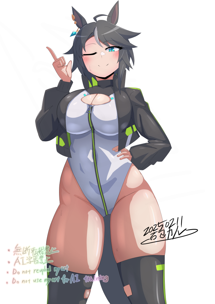 1girl alice_gear_aegis animal_ears black_hair black_jacket black_thighhighs blue_eyes breasts circle_cutout cleavage_cutout clothing_cutout companion/af covered_collarbone front_zipper fuji_kiseki_(umamusume) full-length_zipper hand_on_own_hip heattech_leotard highleg highleg_leotard horse_ears horse_girl horse_tail ishitsuma_canon jacket large_breasts leotard multicolored_hair multicolored_leotard one_eye_closed race_queen short_hair sleeveless_turtleneck_leotard smile solo tail thighhighs turtleneck two-tone_leotard umamusume white_leotard zipper zipper_leotard zipper_pull_tab